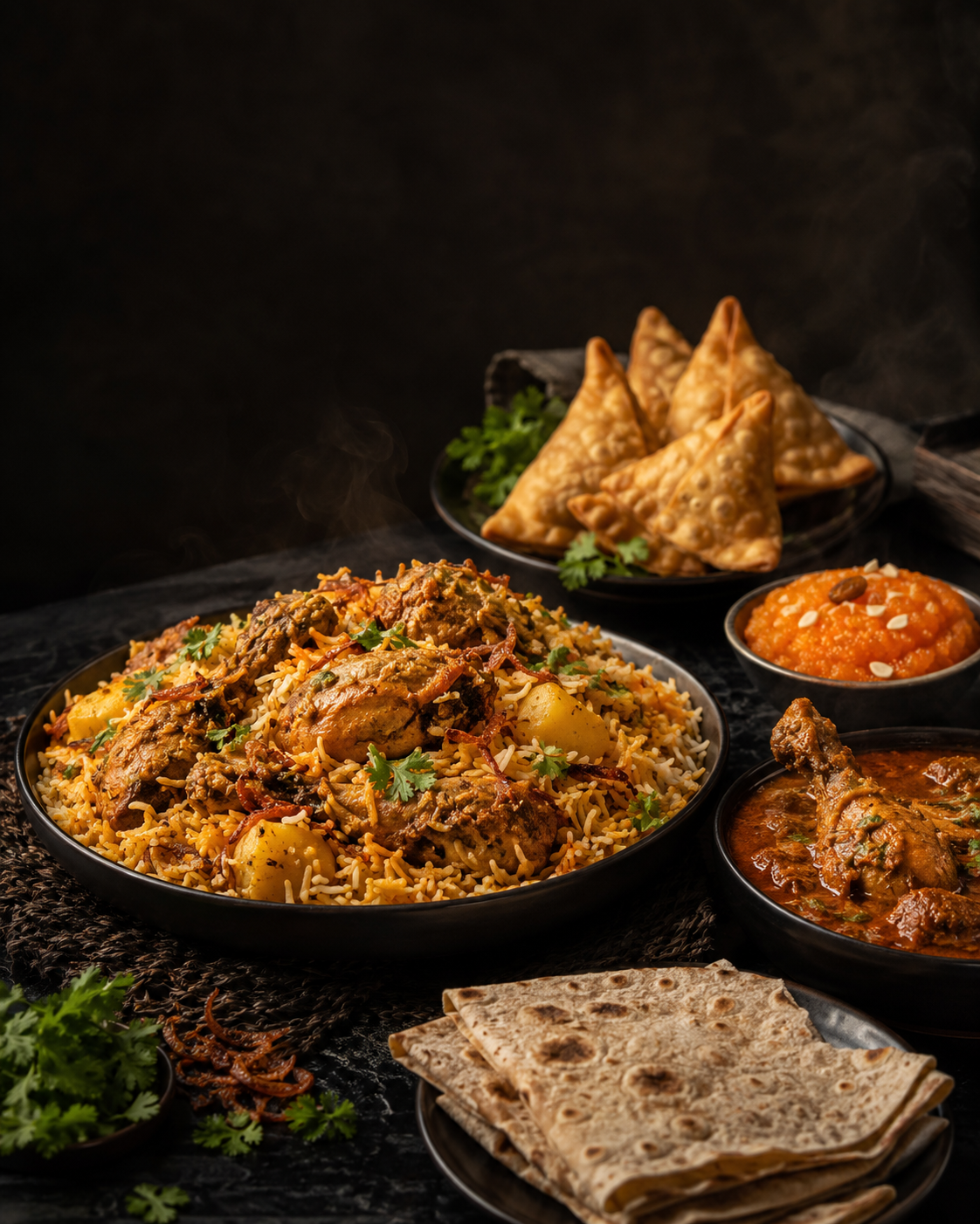 A spread of Durban-style biryani, samoosas, curry and roti