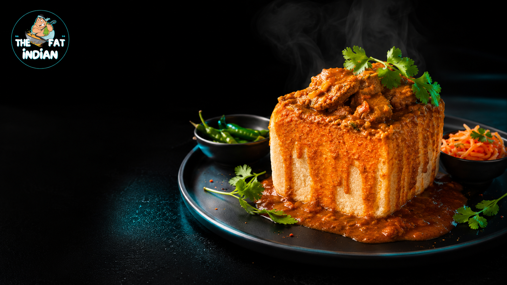 A steaming Durban-style bunny chow with chilli and carrot sambals