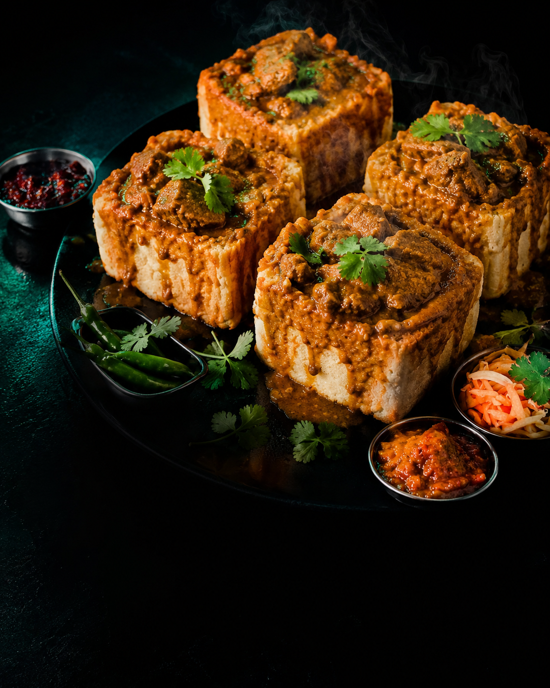 A platter of four Durban bunny chows with sambals and chilli